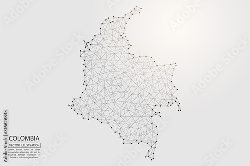 A map of Colombia consisting of 3D triangles, lines, points, and connections. Vector illustration of the EPS 10.