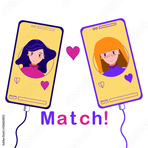 Dating service, mobile application to find partner, love, friend or roommate. Successfull match. Two women couple flat cartoon isolated. Cell phone with charge cord. Virtual relationships concept