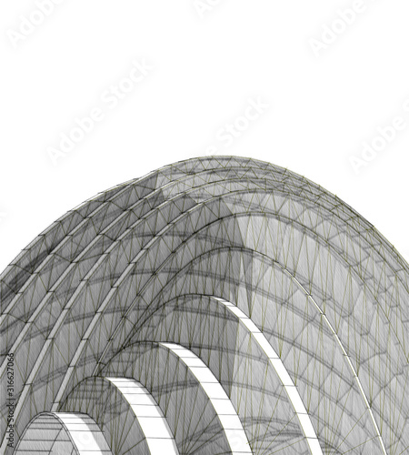 Abstract architecture background pencil graphic drawing curved building elements 3d illustration