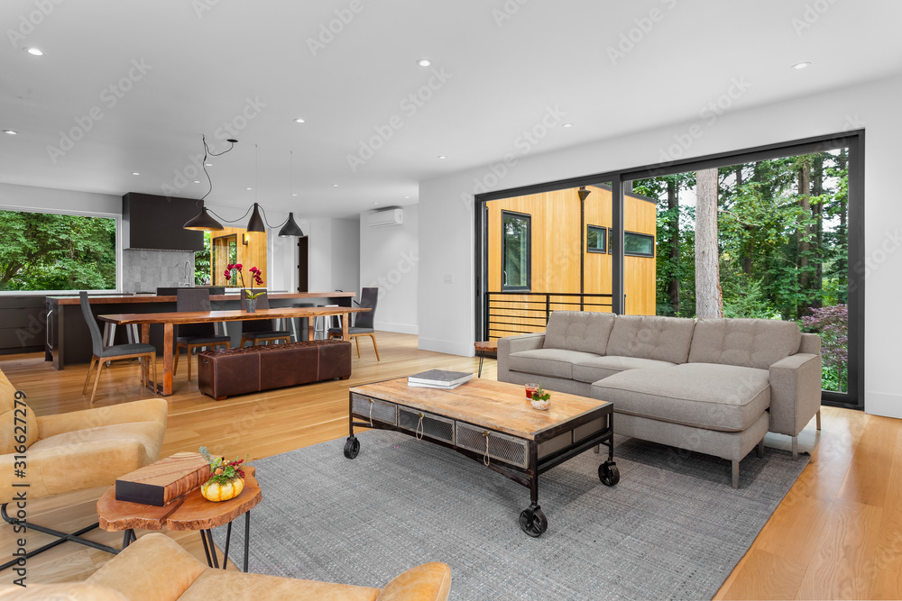 Living room and kitchen in new contemporary style luxury home with open ...
