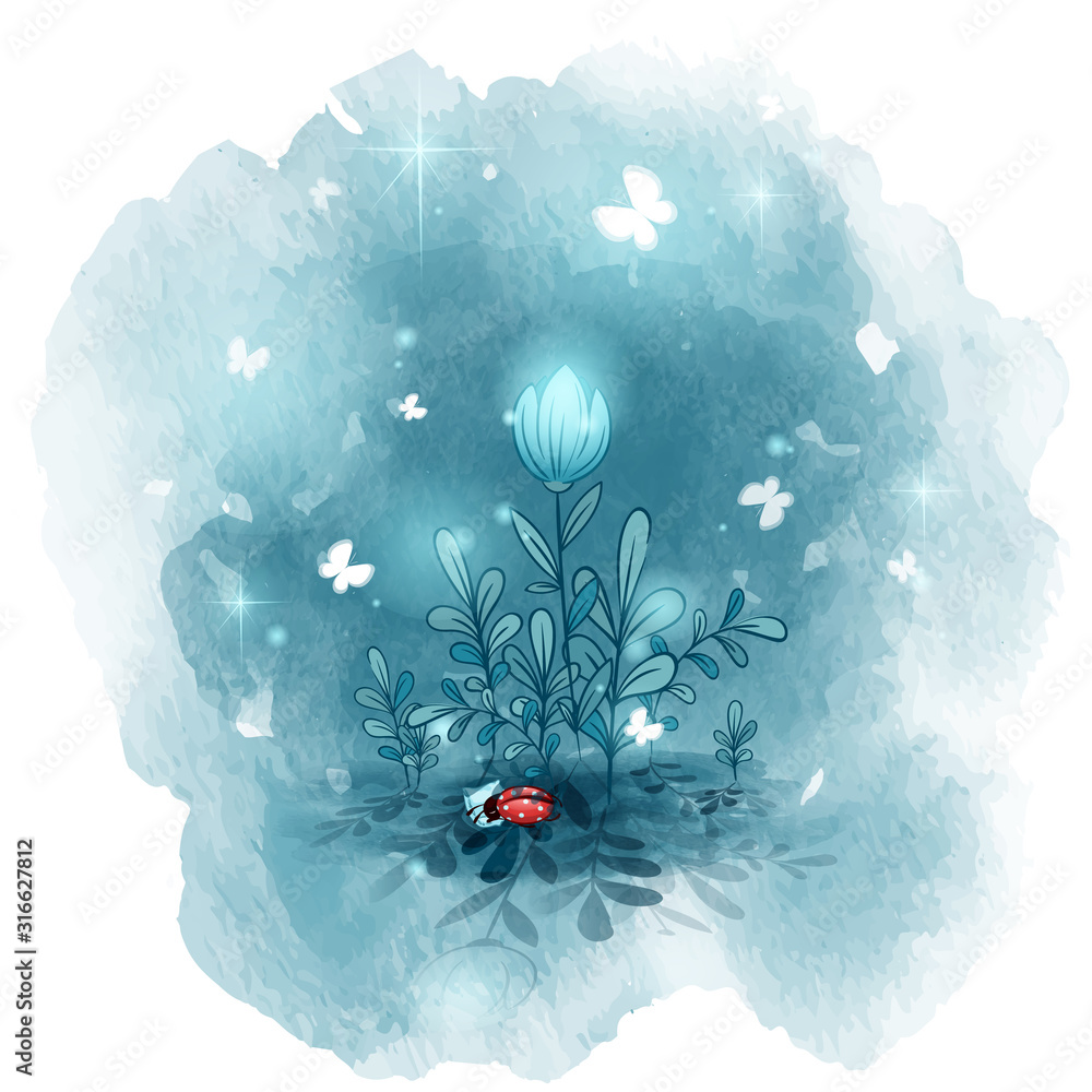 Obraz Nocne kwiaty, pod którymi śpi mała biedronka. Pocztówka dobranoc. Wektor akwarela tekstury tło.