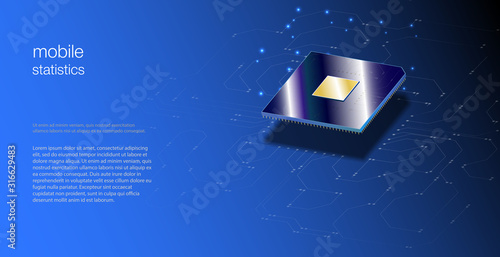 Quantum computer, large data processing, database concept.CPU isometric banner. Central Computer Processors CPU concept.Digital chip Futuristic microchip processor with lights on the blue background.