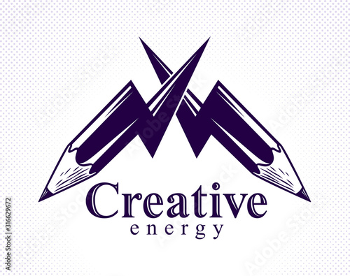 Creative energy power concept shown by two pencils in a shape of lightning bolts crossed, vector logo or icon, the power of idea, design and art, science invention or research.