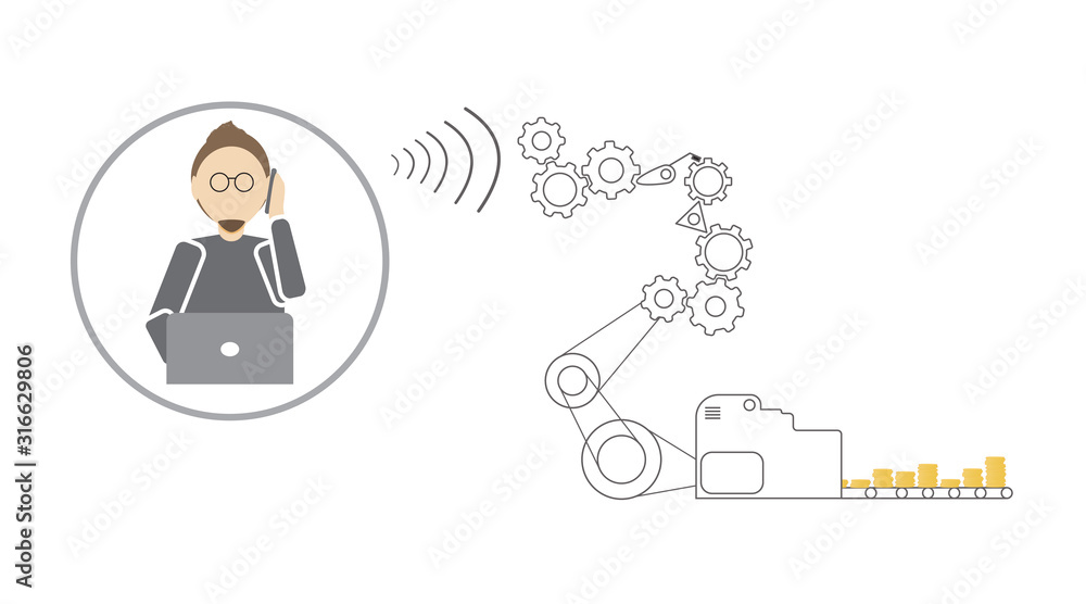 The technical support specialist communicates with the client via the headset. The gears of the mechanism start the production of cash flow. The technical support specialist communicates with the client via the headset. The gears of the mechanism start the production of cash flow.