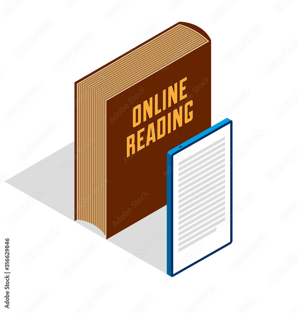 Electronic book concept with cell prone gadget 3d isometric vector design, online reading, book web archive, e-book ebook. Electronic book concept with cell prone gadget 3d isometric vector design, online reading, book web archive, e-book ebook.
