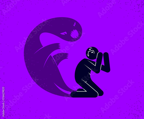 Psychical problems such as phobia psychosis schizophrenia hallucinations vector concept illustration in flat trendy style, psychiatry and psychology allegory, man with monster from his head.