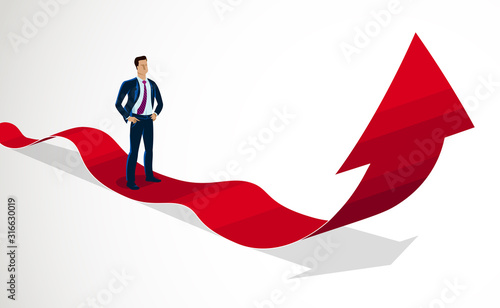 Businessman standing on arrow rising up vector 3d illustration, concept of success and business growth.