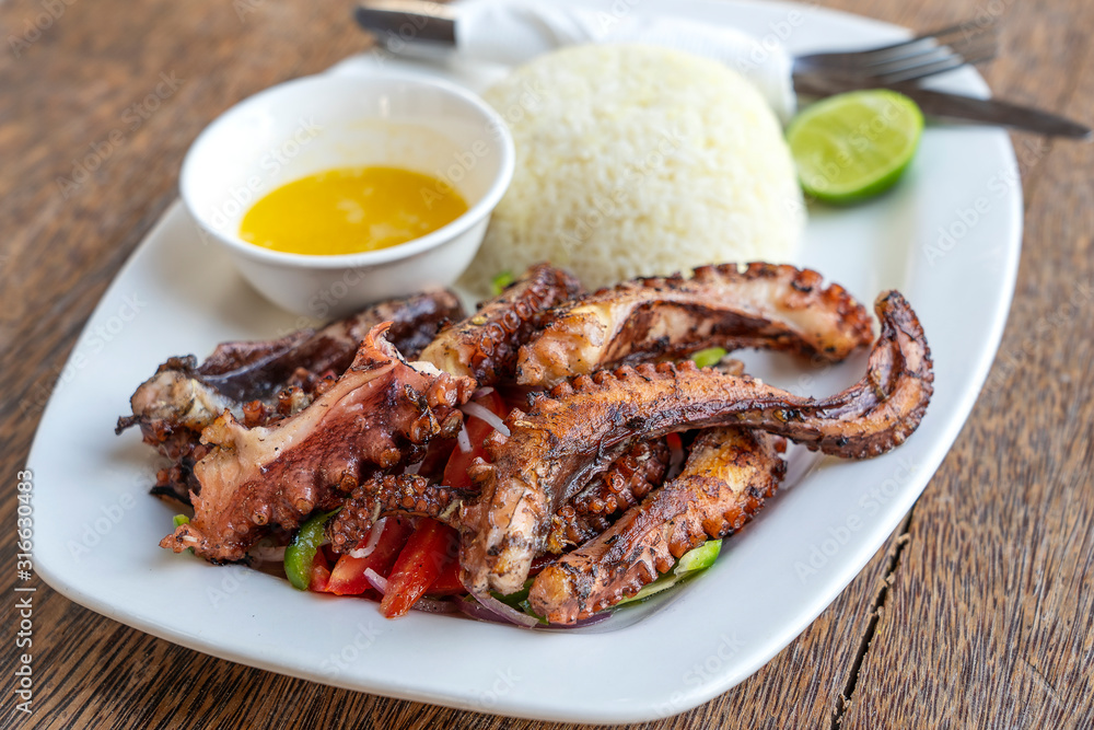 Fried octopus tentacles with white rice on a plate, close up Fried octopus tentacles with white rice on a plate, close up