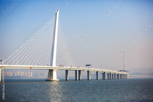 Shenzhen Bay Bridge under the blue sky, cable-stayed bridge from Shenzhen to Hong Kong with highway