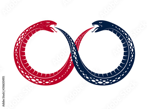 Fotótapéta Ouroboros Snake in a shape of infinity symbol, endless cycle of life and death, ancient Uroboros symbol vector illustration, Serpent eating its own tale, logo, emblem or tattoo