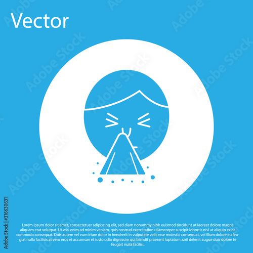 Blue Man holding handkerchief or napkin to his runny nose icon isolated on blue background. Coryza desease symptoms. White circle button. Vector Illustration