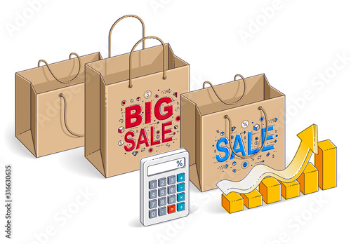 Shopping bag with calculator and growth chart stats, big sale, sellout, retail, Black Friday discount, eco paper bag isolated on white background. Vector 3d isometric illustration.
