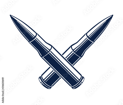 Two crossed bullets vector emblem or logo isolated on white, vintage style coat of arms crest, weapons, army force or gang sign.