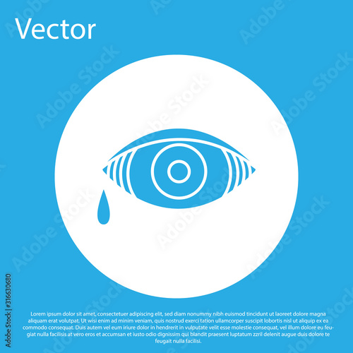 Blue Reddish eye due to viral, bacterial or allergic conjunctivitis icon isolated on blue background. White circle button. Vector Illustration