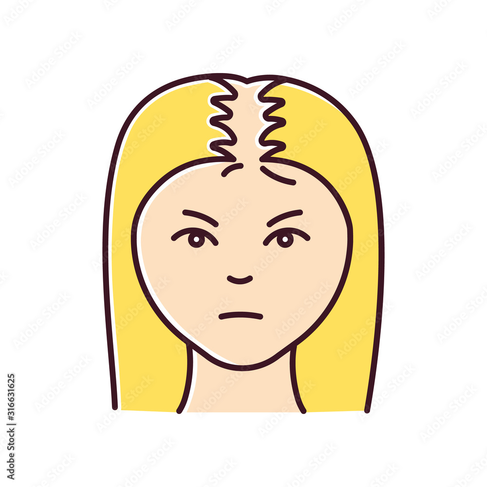 Female hair loss RGB color icon. Woman with alopecia. Hairloss problem. Dermatology and beauty treatment. Thinning hairline. Falling hair. Unhealthy scalp condition. Isolated vector illustration