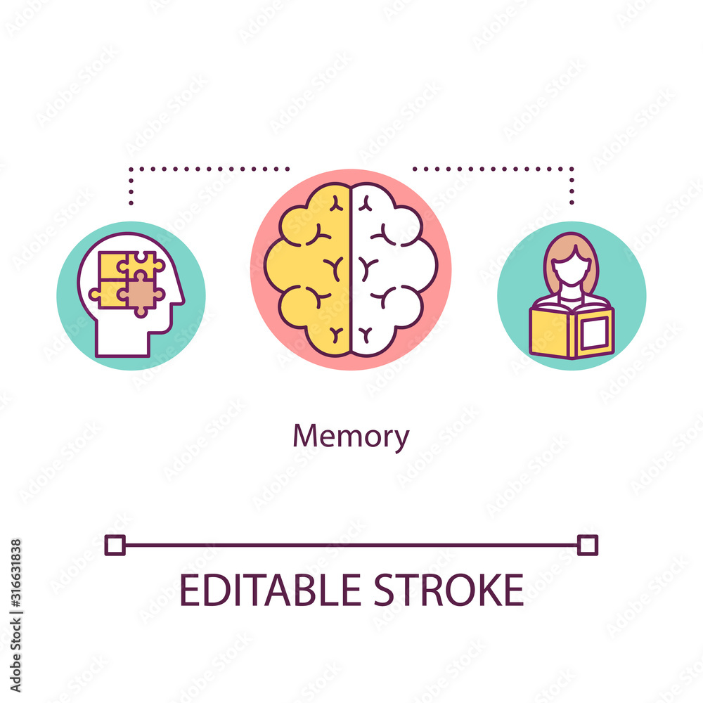 Fototapeta premium Memory concept icon. Cognitive process idea thin line illustration. Remembrance. Human intelligence. Ability of thinking. Mental health. Vector isolated outline RGB color drawing. Editable stroke