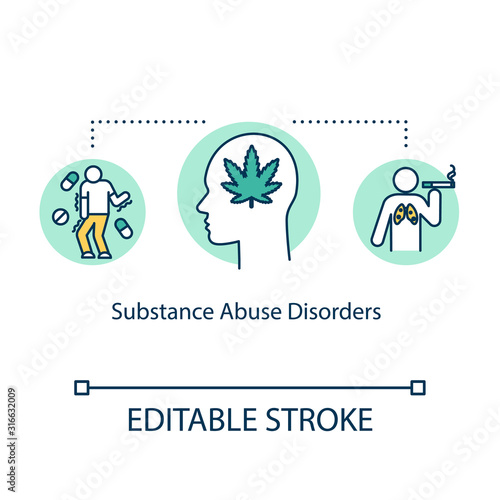 Substance abuse disorders concept icon. Mental illness idea thin line illustration. Drug use. Smoking. Pernicious habits. Vector isolated outline RGB color drawing. Editable stroke