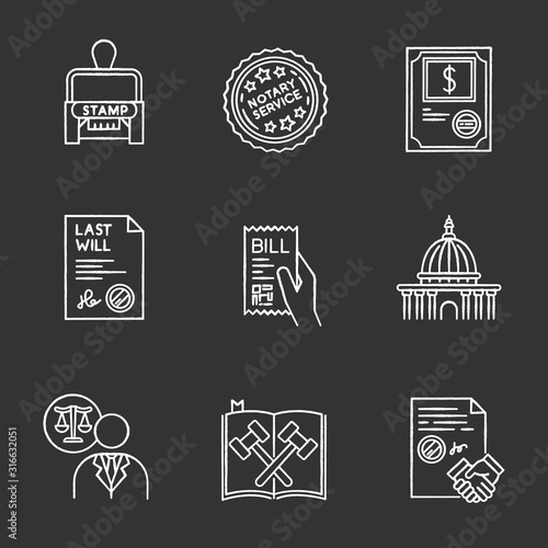 Notary services chalk white icons set on black background. Apostille and document legalization. Stock certificate. Supreme court. Legal code. Will. Lawyer. Isolated vector chalkboard illustrations