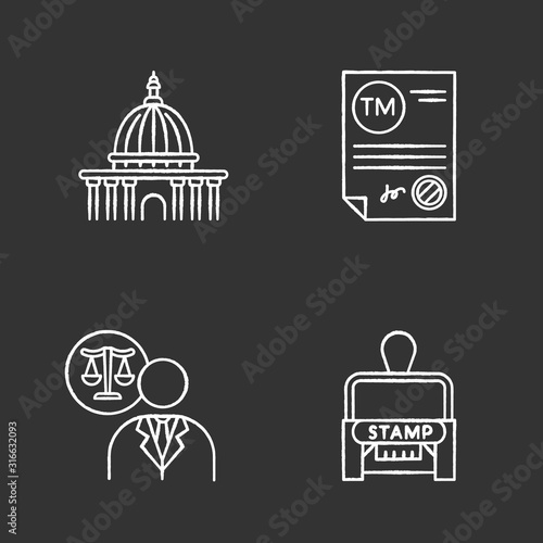 Notary services chalk white icons set on black background. Apostille and legalization. Notarized document. Trademark certificate. Supreme court. Lawyer. Stamp. Isolated vector chalkboard illustrations