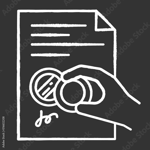 Hand with stamp chalk white icon on black background. Signed notarized document. Apostille and legalization. Contract. Legal agreement. Notary services. Isolated vector chalkboard illustration