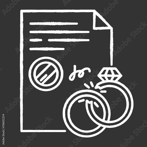 Divorce chalk white icon on black background. Ending of marriage. Legal separation. Marriage disolution. Breakup. Notary services. Apostille and legalization. Isolated vector chalkboard illustration