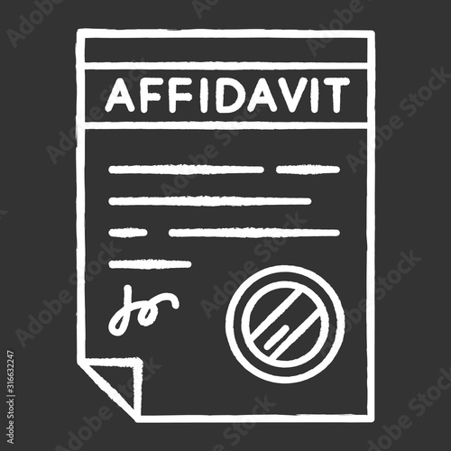 Confirmed affidavit chalk white icon on black background. Signed notarized document. Apostille and legalization. Written statement. Notary services. Isolated vector chalkboard illustration