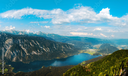 Fototapeta Naklejka Na Ścianę i Meble -  Aerial view of Lake Bohinj in Slovenia stitched panorama