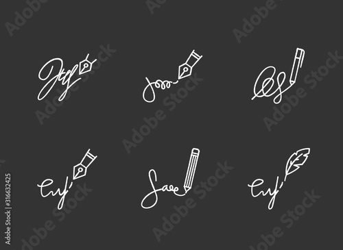 Signatures chalk white icons set on black background. Apostille and legalization. Handwriting. Autograph. Proof of identity, consent. Notary services. Isolated vector chalkboard illustrations