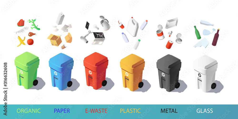 Colorful recycle trash bins with garbage icons, isometric vector set ...