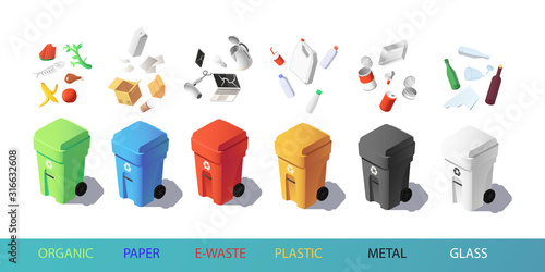 Colorful recycle trash bins with garbage icons, isometric vector set. Waste management concept. Sorting waste for recycling.