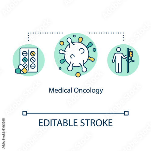 Medical oncology concept icon. Cancer treatment idea thin line illustration. Chemotherapy. Targeted therapy. Immunotherapy. Vector isolated outline RGB color drawing. Editable stroke