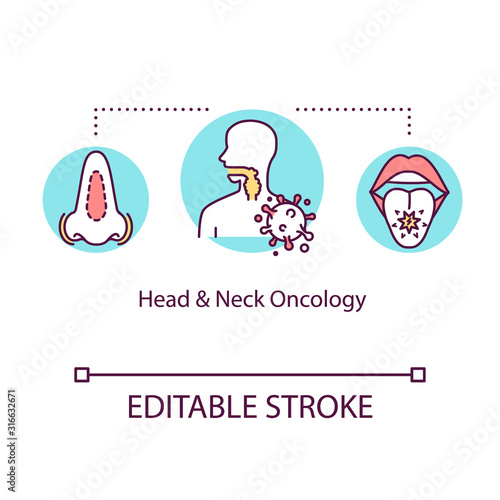 Head and neck oncology concept icon. Cancer diagnostic idea thin line illustration. Illness recognition. Sickness treatment. Medical research. Vector isolated RGB color drawing. Editable stroke