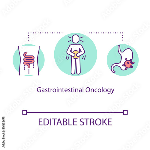Gastrointestinal oncology concept icon. Intestine cancer treatment idea thin line illustration. Tumor research. Sickness diagnostic. Vector isolated outline RGB color drawing. Editable stroke