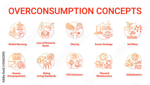 Overconsumption concept icons set. Global warming. Ecological and environmental damage. Consumerism idea thin line RGB color illustrations. Vector isolated outline drawings. Editable stroke