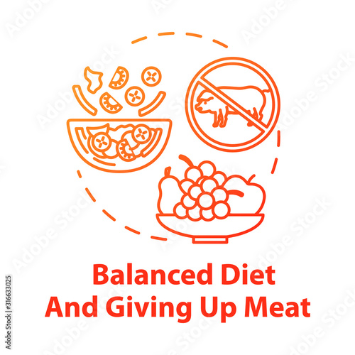 Balanced diet and giving up meat concept icon. No animal food. Nutritious diet. Healthcare. Organic meal. Going vegan idea thin line illustration. Vector isolated outline RGB color drawing