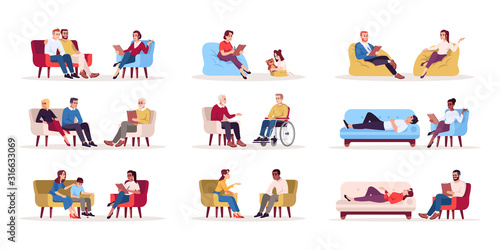 Psychology consultation flat vector illustrations set. Psychotherapy session. Talk therapy. Psychoanalysis. Couple, family issues. Marriage counseling. Isolated cartoon characters kit