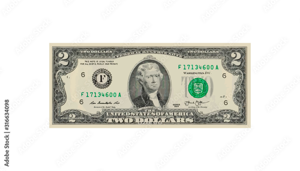 2 Dollars money realistic paper banknotes of USA - vector business art illustration 2 Dollars money realistic paper banknotes of USA - vector business art illustration
