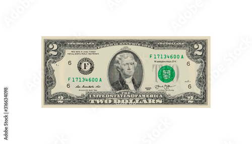 2 Dollars money realistic paper banknotes of USA - vector business art illustration