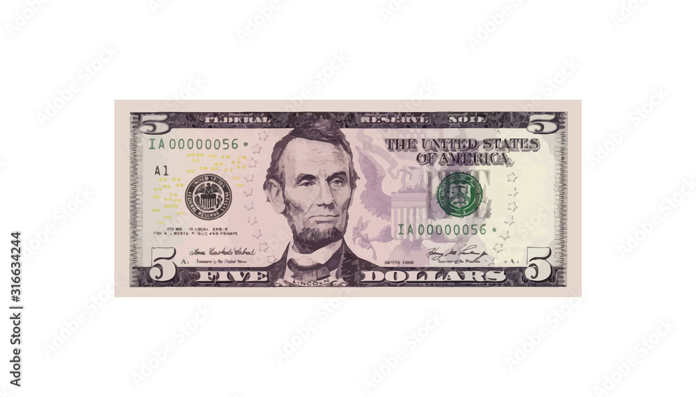 5 Dollars money realistic paper banknotes of USA - vector business art illustration 5 Dollars money realistic paper banknotes of USA - vector business art illustration
