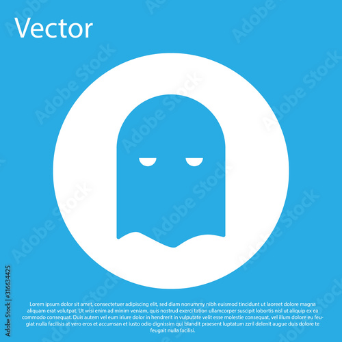 Blue Executioner mask icon isolated on blue background. Hangman, torturer, executor, tormentor, butcher, headsman icon. White circle button. Vector Illustration