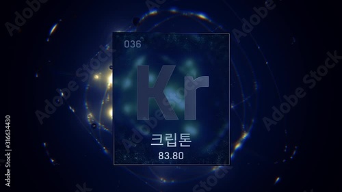 Krypton as Element 36 of the Periodic Table. Seamlessly looping 3D animation on blue illuminated atom design background orbiting electrons name, atomic weight element number in Korean language photo