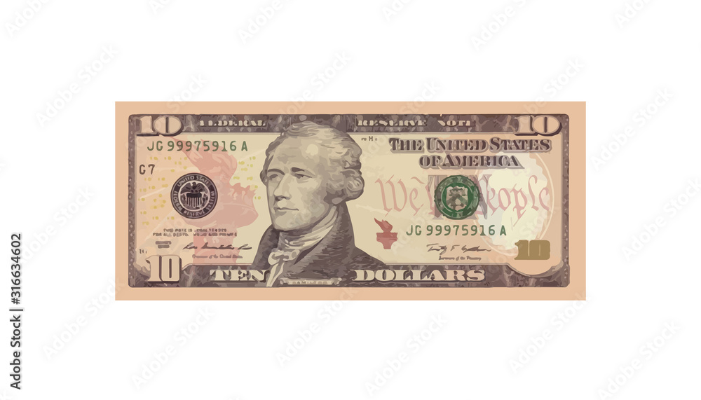 10 Dollars money realistic paper banknotes of USA - vector business art illustration 10 Dollars money realistic paper banknotes of USA - vector business art illustration