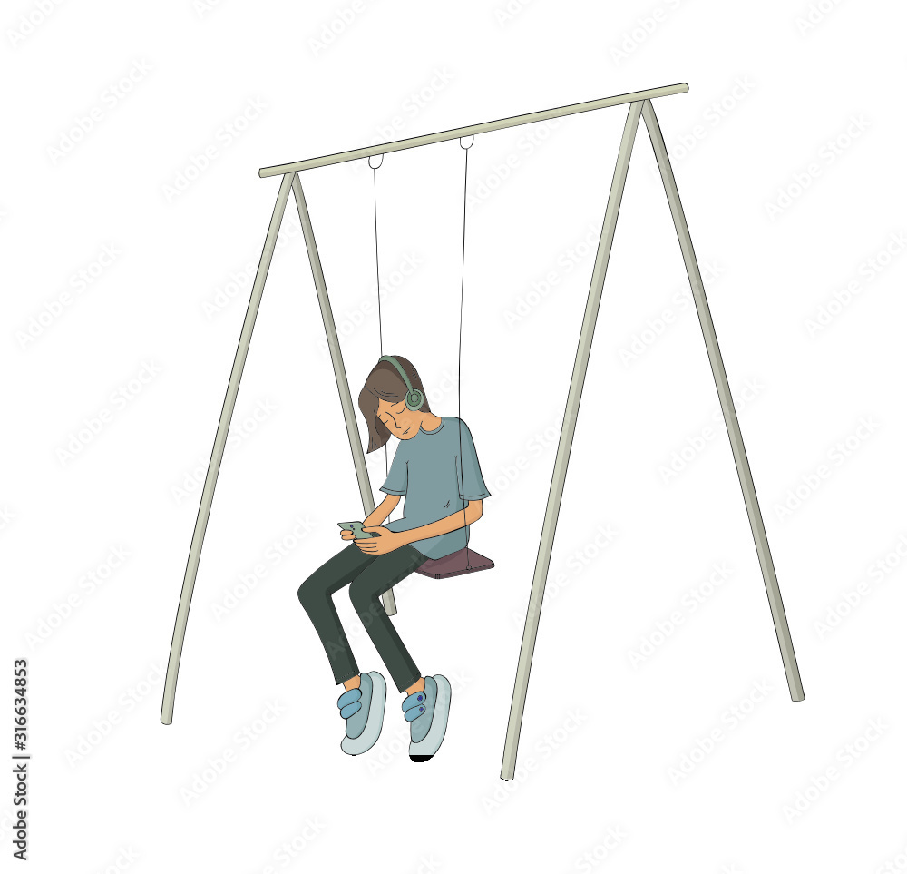 Sad teenager in sneakers, slim pants and oversize t-shirt and headphone sitting on swing and checking mobile phone Sad teenager in sneakers, slim pants and oversize t-shirt and headphone sitting on swing and checking mobile phone