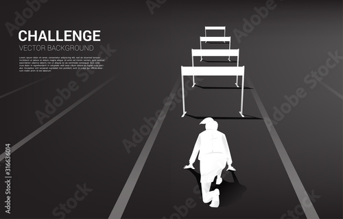 Silhouette businesswoman ready to run across hurdles obstacle. Background concept for Obstacle and challenge in business