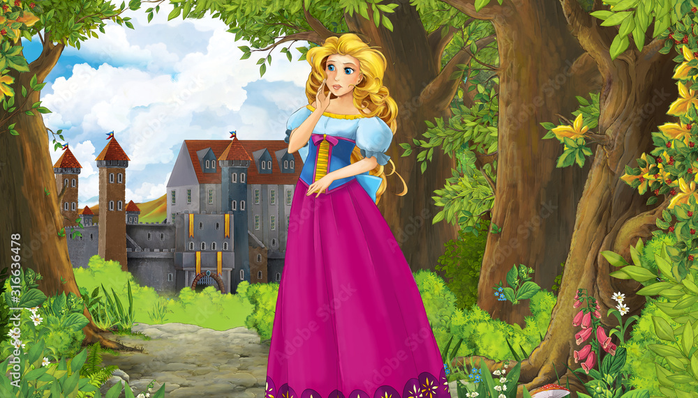 Fototapeta premium princess, castle, nature, romantic, queen, cartoon, background, beautiful, beauty, calm, cute, environment, fairy, fairy tale, fairytale, flowers, forest, garden, happy, hills, idyllic, illustration, 