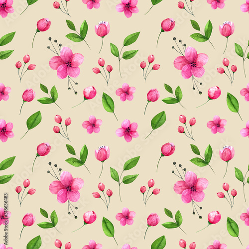 Beautiful spring flowers seamless pattern. Hand drawn watercolor flowers on pastel beige background. 