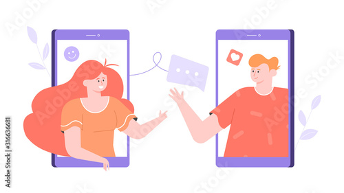 The guy and the girl chat in the messenger online. Communication through a mobile application, dating service, exchange of comments. Vector flat illustration with bright trendy characters.