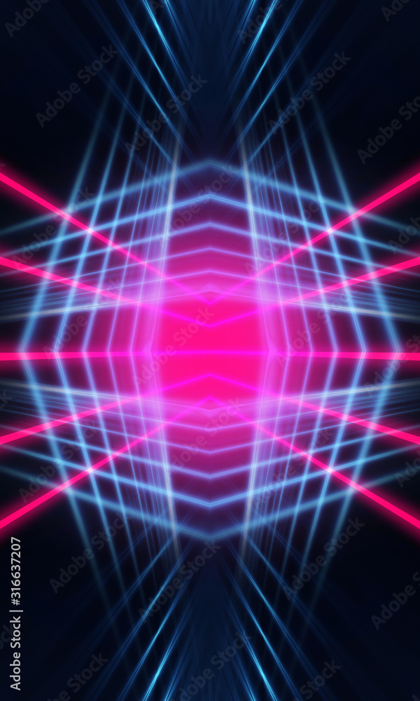 Dark neon background with lines and rays. Blue and pink neon. Abstract futuristic background. Night scene with neon, light reflection. Dark neon background with lines and rays. Blue and pink neon. Abstract futuristic background. Night scene with neon, light reflection.
