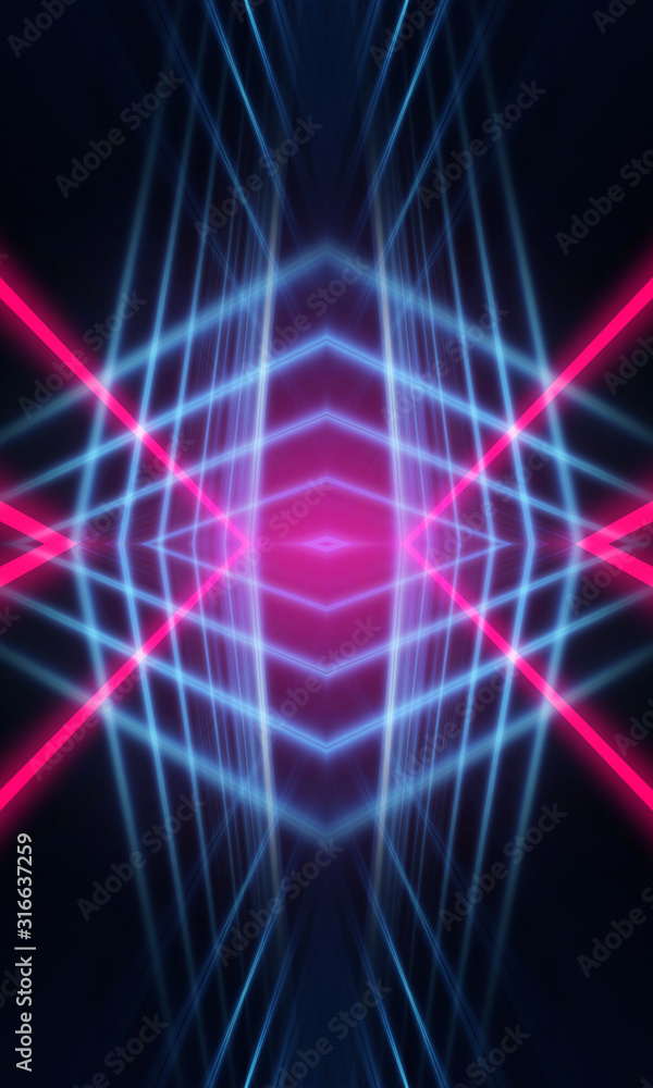 Dark neon background with lines and rays. Blue and pink neon. Abstract futuristic background. Night scene with neon, light reflection. Dark neon background with lines and rays. Blue and pink neon. Abstract futuristic background. Night scene with neon, light reflection.
