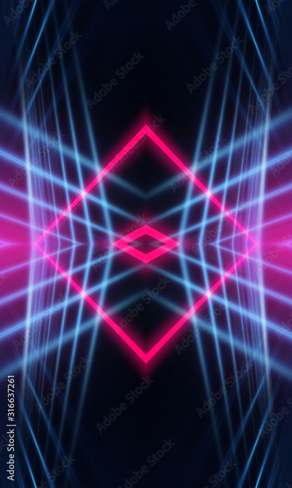 Dark neon background with lines and rays. Blue and pink neon. Abstract futuristic background. Night scene with neon, light reflection. Dark neon background with lines and rays. Blue and pink neon. Abstract futuristic background. Night scene with neon, light reflection.
